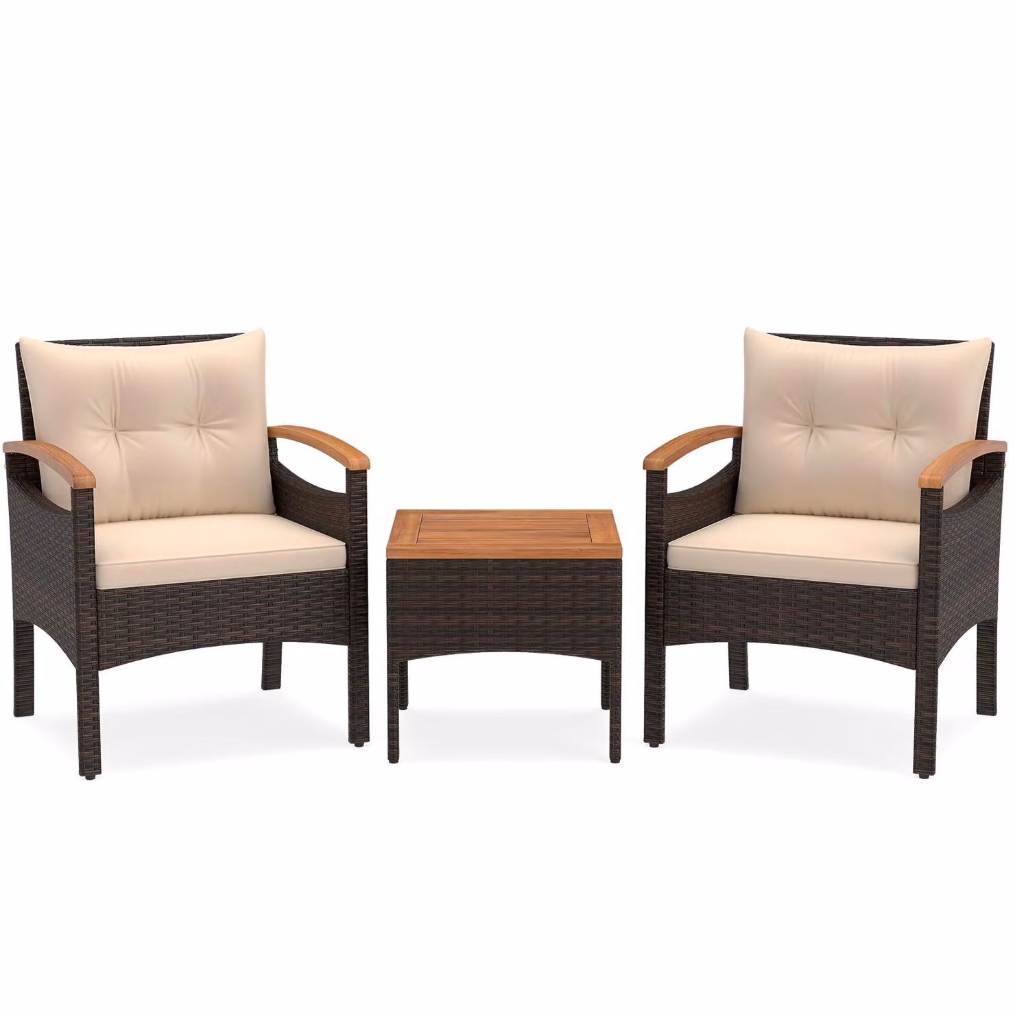 Set di mobili da giardino KOMFOTTEU, composto da 3 pezzi: 2 sedie e un tavolo, ideale per balconi. Set di mobili da esterno in rattan con cuscini per seduta e schienale, perfetto per terrazzi e giardini. Set per balcone, terrazzo e giardino, con schienale