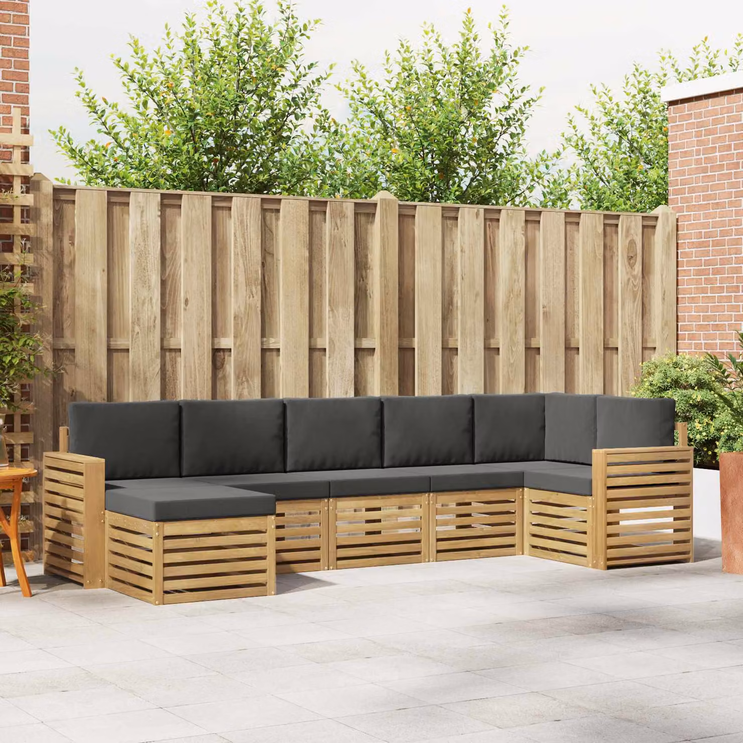 vidaXL Set di divani da esterno 7 pz in legno di acacia, composizione a L con cuscini, Bianco e Antracite