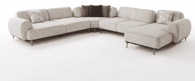 Divano imbottito beige, elegante divano a forma di L, divano in tessuto per il soggiorno