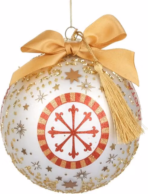 Pallina decorativa Kasanova in vetro bianco con motivo geometrico a stelle, diametro 12 cm