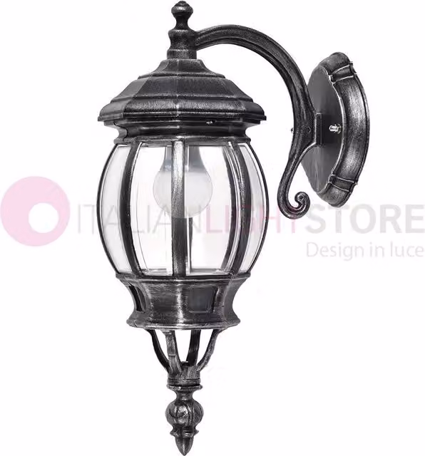 Applique Lanterna da Parete ENEA per Esterno in Alluminio Nero e Argento con Vetro Trasparente e Grado di Protezione IP43