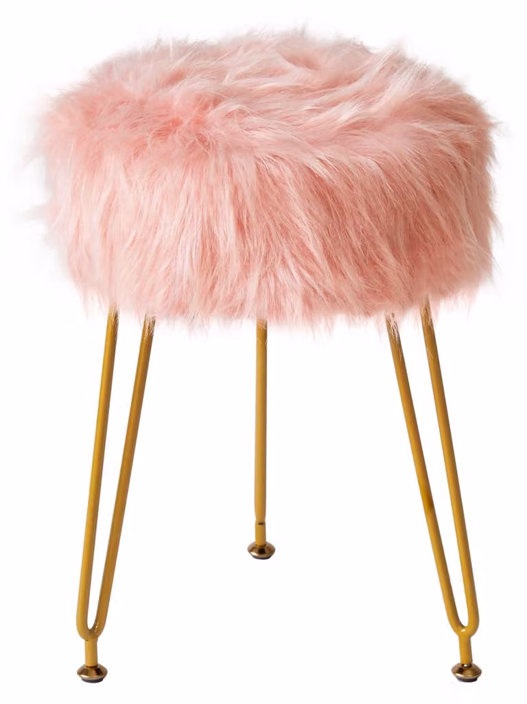 Pouf imbottito, forma rotonda, rivestito in ecopelle, 4 gambe in metallo, colore rosa, ideale per il soggiorno