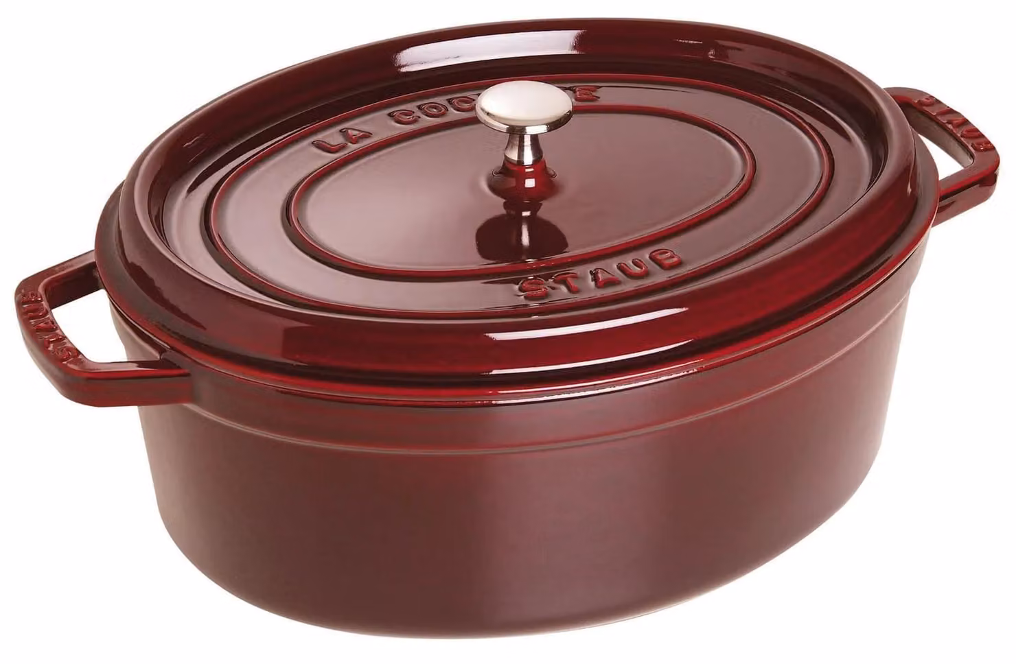 Casseruola ovale in ghisa per induzione colore rosso granato con maniglie e coperchio, diam. 29cm