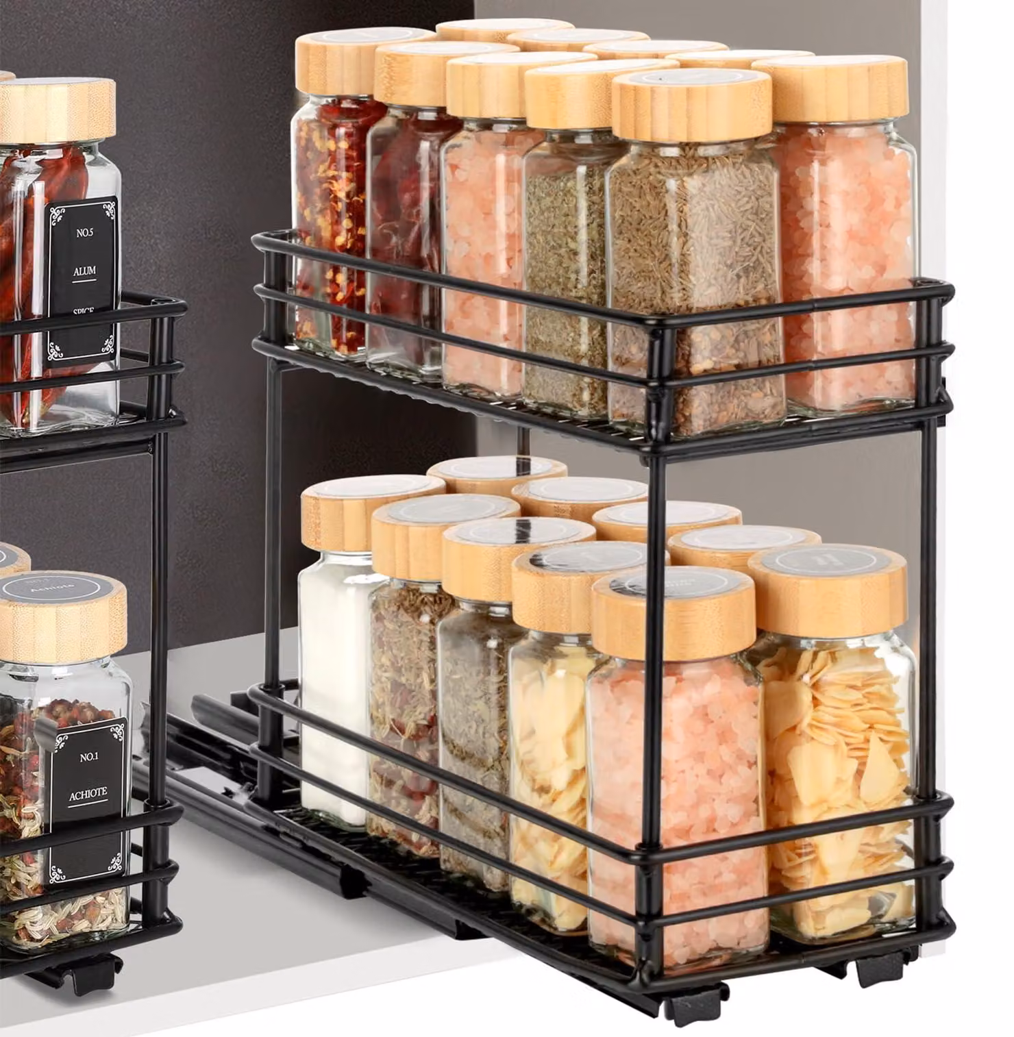 VINATO Porta spezie estraibile con 2 ripiani, organizer per armadi da cucina con guide scorrevoli, porta spezie estraibile per armadi, porta spezie senza fori (26x11.1x21,7 cm) – Dimensioni 26*11.