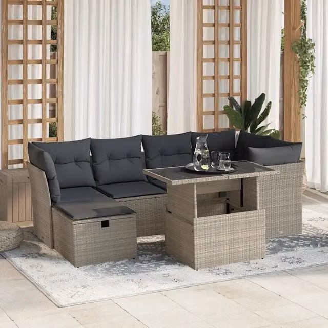 Set da giardino moderno vidaXL composto da 7 pezzi con divani a L, tavolino e pouf in rattan grigio con cuscini inclusi