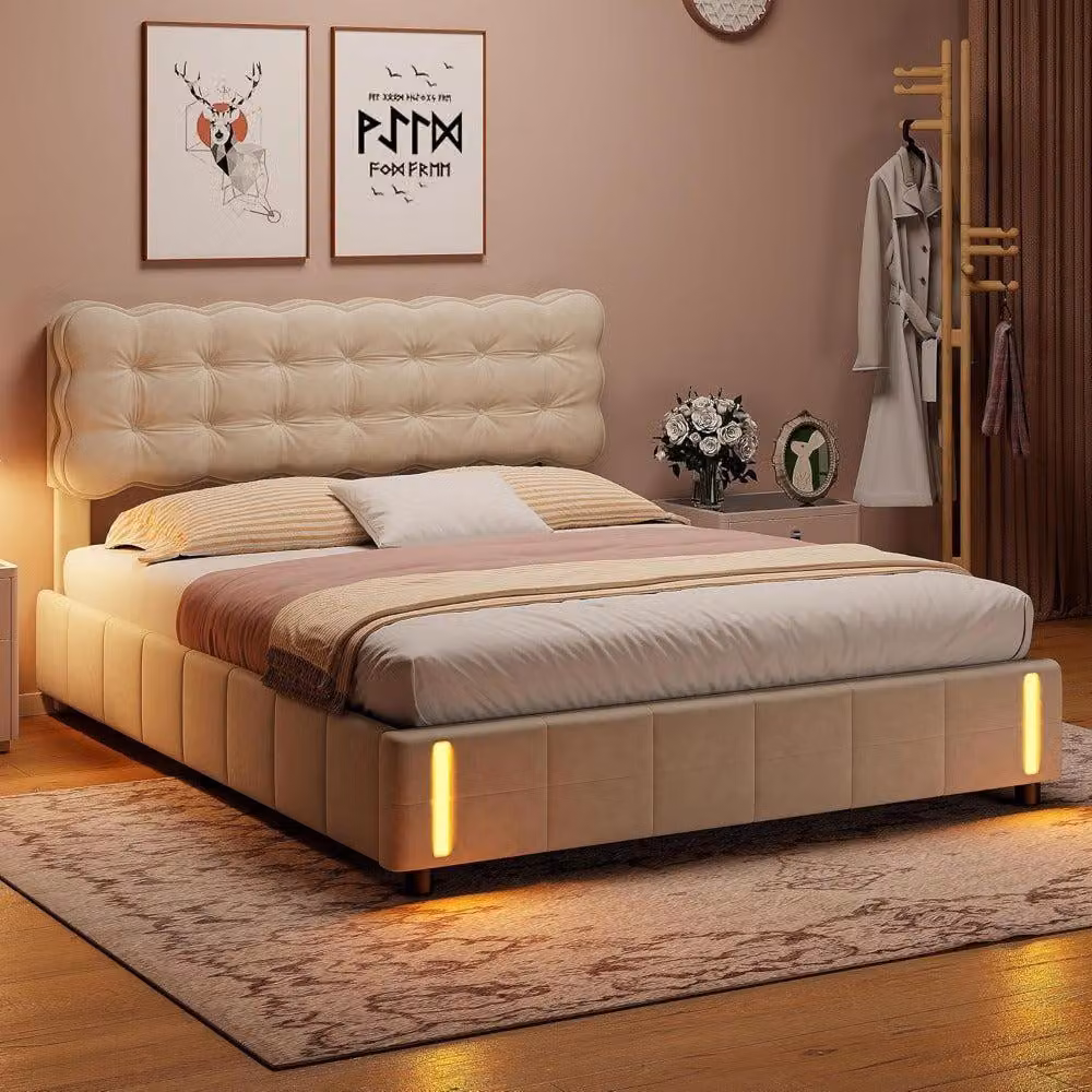 Letto con sistema idraulico - Letto contenitore - Letto con molle insacchettate - Struttura del letto - Letto - 160x200 cm - Ampio spazio contenitivo - Lampada da comodino LED