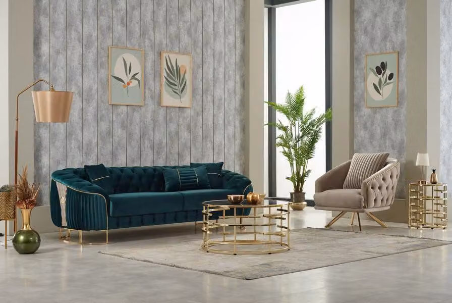 Couchgarnitur Polstersofa Dreisitzer Sessel Grün Couch Stoffsofa 2tlg