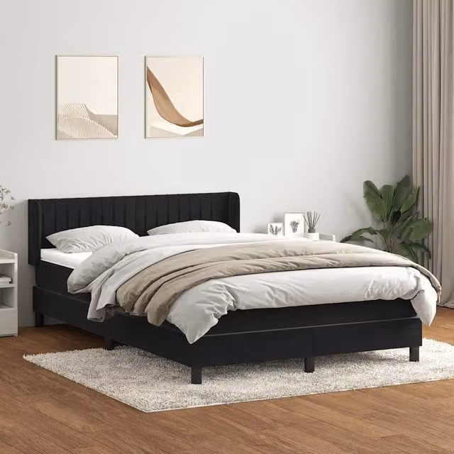 Letto Ibrido vidaXL con Giroletto a Molle e Materasso in Velluto Nero e Bianco L: 163 cm, P: 213 cm, H: 88 cm
