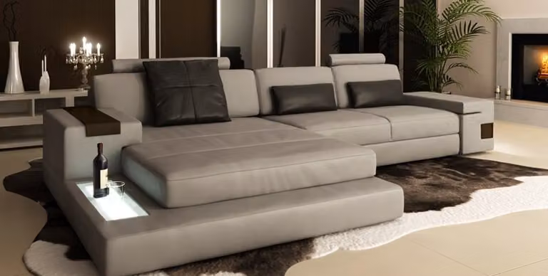 Ecksofa USB Polster Wohnlandschaft Eck Garnitur Ecke Leder Sofa Grau L-Form
