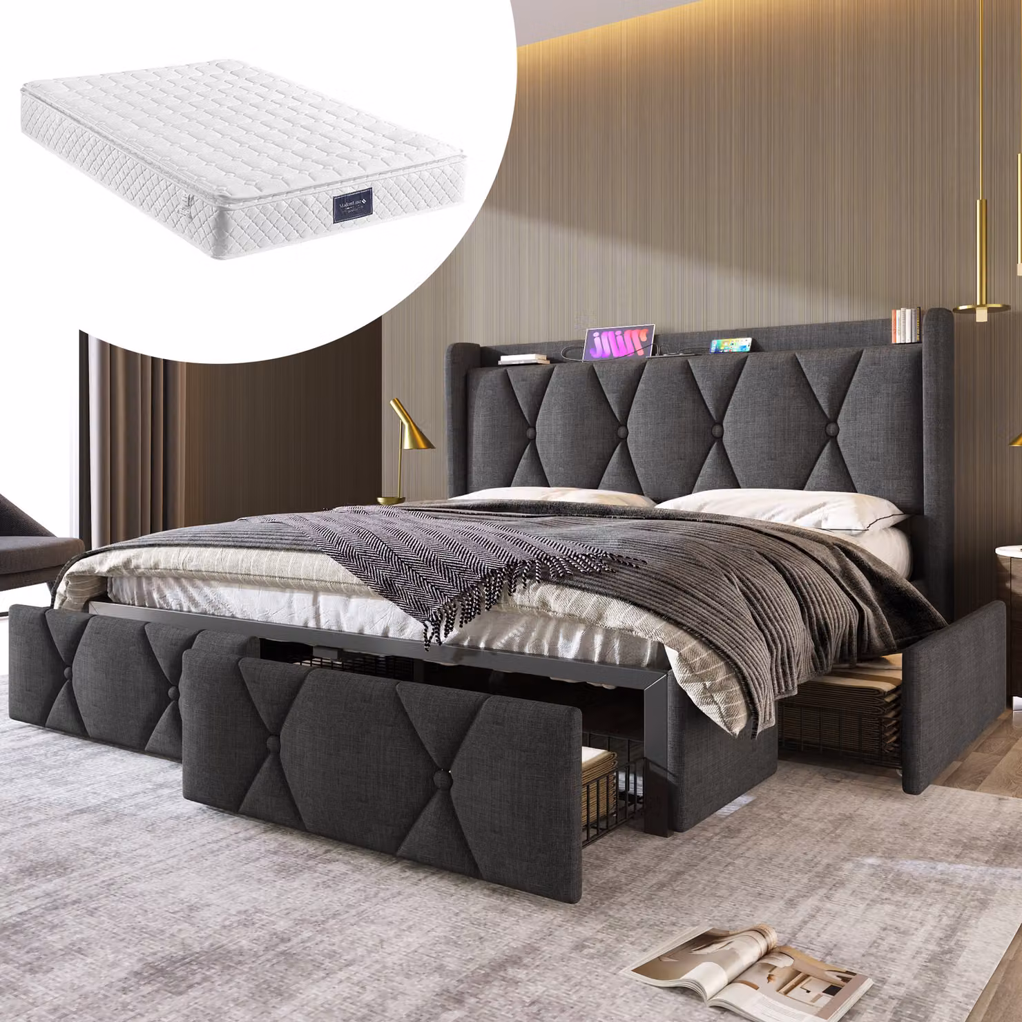 Letto imbottito STILVORA, 140x200 cm, matrimoniale con 4 cassetti, letto per ragazzi con funzione di ricarica USB e rete a doghe in legno, grigio (con materasso)