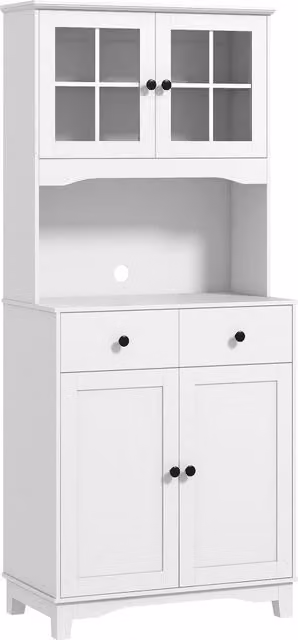Mobile da cucina, mobile alto con ripiano per microonde, 2 armadietti, 2 cassetti, vetrina con ripiani regolabili, dispositivo antiribaltamento,