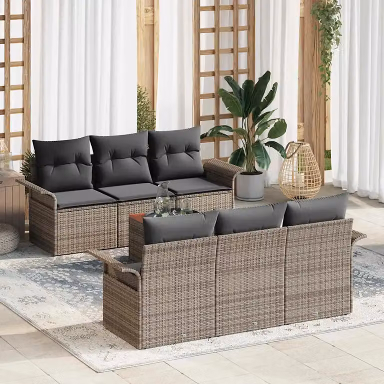 Set Divano da Giardino vidaXL in Polyrattan Grigio con 7 Pezzi e Cuscini Inclusi