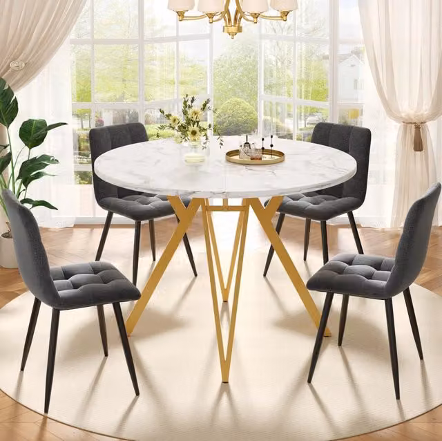 Set da pranzo moderno 5 pezzi con tavolo rotondo diametro 100 cm e 4 sedie grigie in lino