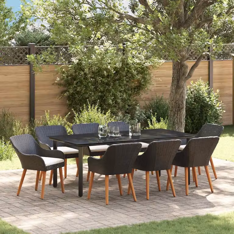 Set da pranzo per giardino e terrazza vidaXL in polyrattan nero con tavolo in vetro e 9 pezzi