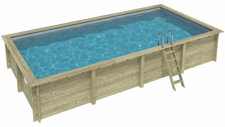 Piscina in legno AQUA 8.5 x 4.35 - H.1.45 m, grigio, con supporti fissati al calcestruzzo