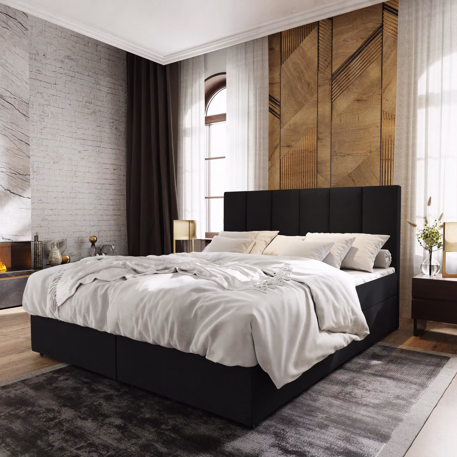 Letto a molle Masseno MERIL 140x200 cm completo di materasso e topper Bonell, letto imbottito con cassettiera - nero, COSMIC 100
