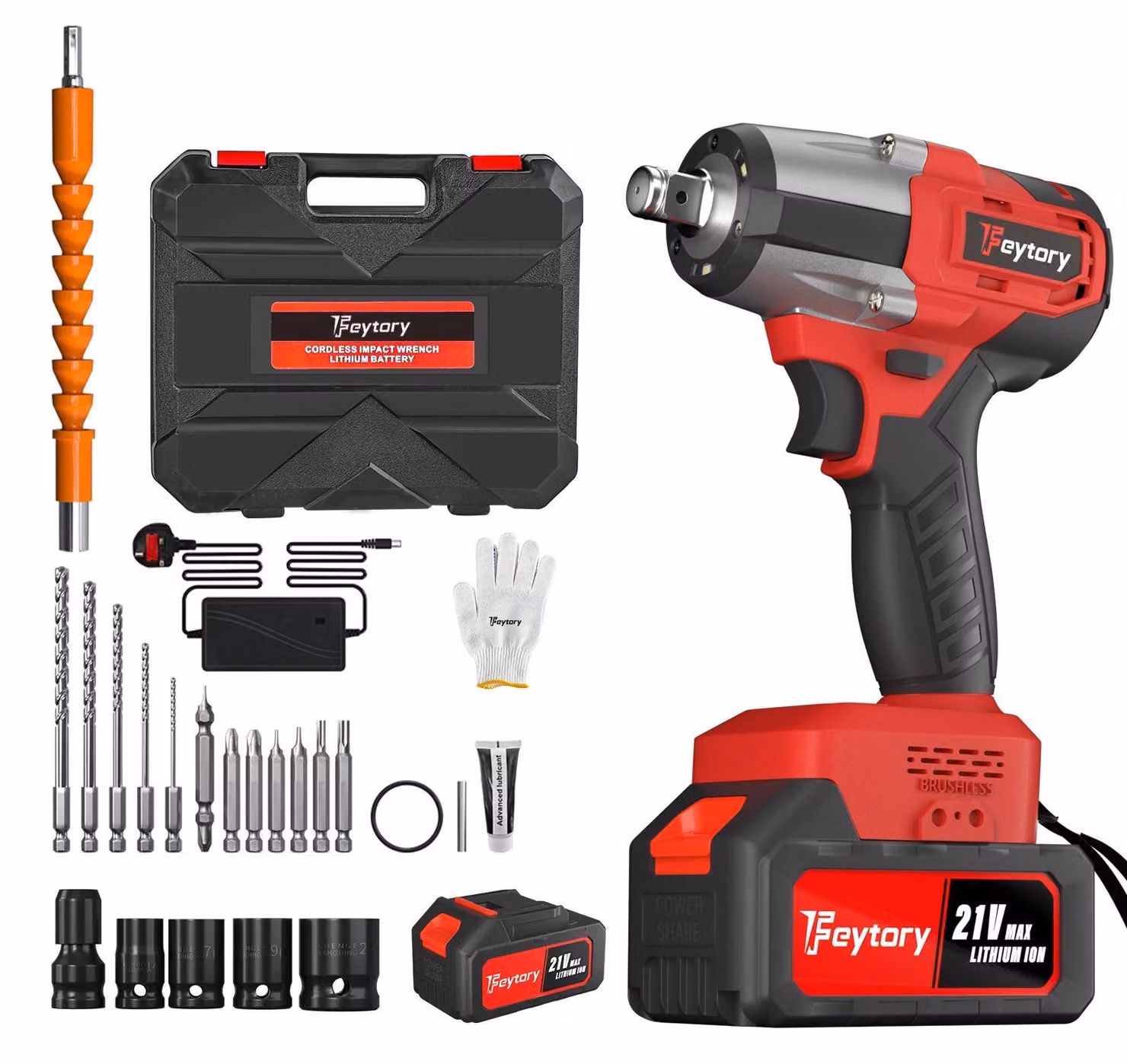 Avvitatore a impatto a batteria - Avvitatore a impatto rotante - Senza spazzole - 420 Nm - 21 V 6000 mAh - 2 velocità - Attacco quadrato da 1,27 cm - 4 chiavi a bussola + 12 inserti