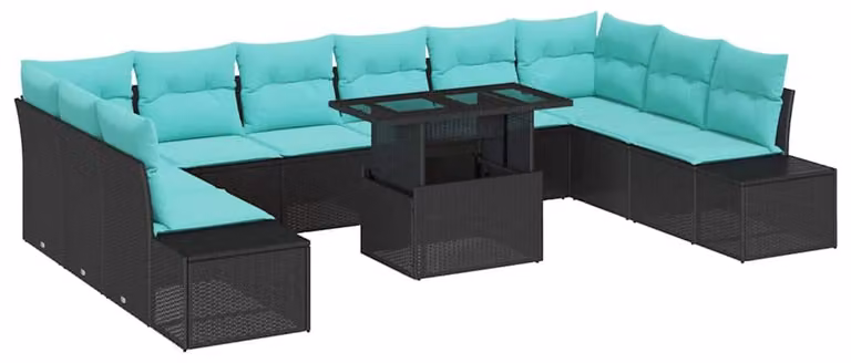 Set da giardino composto da 11 pezzi, colore nero, realizzato in rattan sintetico