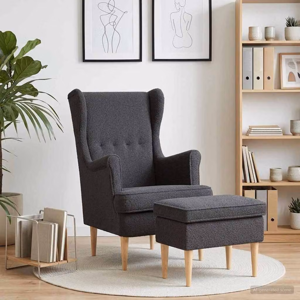Set di Poltrona con Ottomano vidaXL in Tessuto Bouclé Grigio con Struttura in Legno Massello