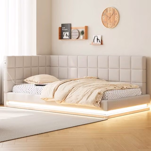 Divano letto ULEVR 90x200 cm con LED RGB, USB e rete a doghe, rivestimento in lino beige