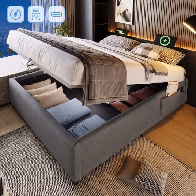 letto imbottito cotone lino grigio 140 x 200 cm