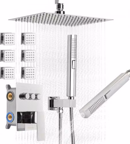 Set Doccia a Pioggia VEVOR in Acciaio Inox Cromato con 6 Getti Laterali, Doccetta e Soffione Girevole a 3 Funzioni, Diametro: 25,4 cm