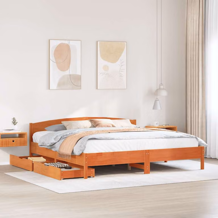 Letto in legno di pino rustico vidaXL con cassetti, colore marrone cera, L/P/H: 205.5 x 185.5 x 74.5 cm