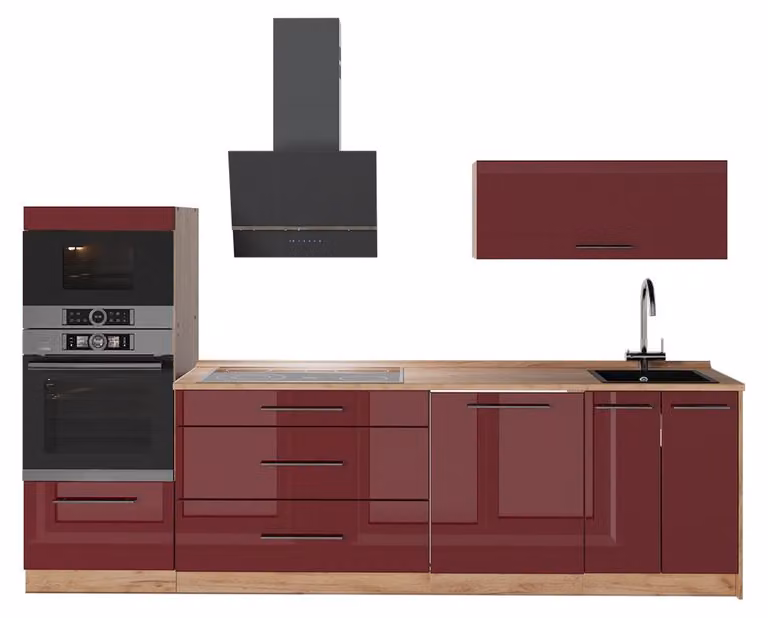 Cucina componibile Vicco Fame-Line Bordeaux lucido/Rovere dorato 280 cm, PL Rovere, Model 64696