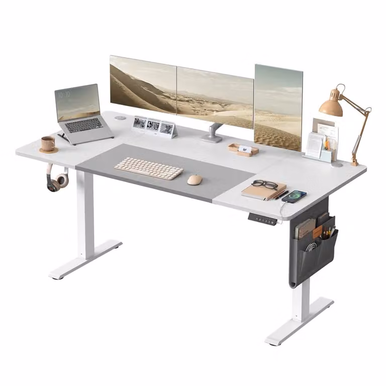 Scrivania Elettrica Regolabile in Altezza con Funzione Memoria, Bianco Nuvola, Grigio Tortora / 160 x 70 cm