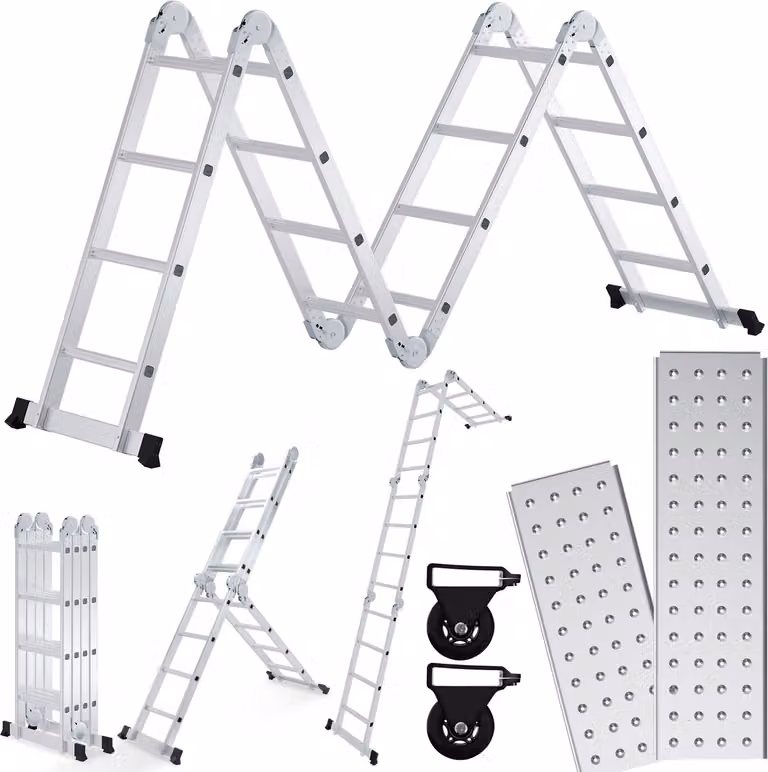 Scala multifunzione Ikodm 7in1, in alluminio, con 4 gradini, altezza circa 470 cm / 4,7 m, scala a sbarra pieghevole con 2 piattaforme + 2 ruote, portata massima 150 kg