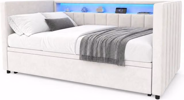 Letto estraibile 90x190 cm con LED regolabile; USB-C e ripiano in velluto beige