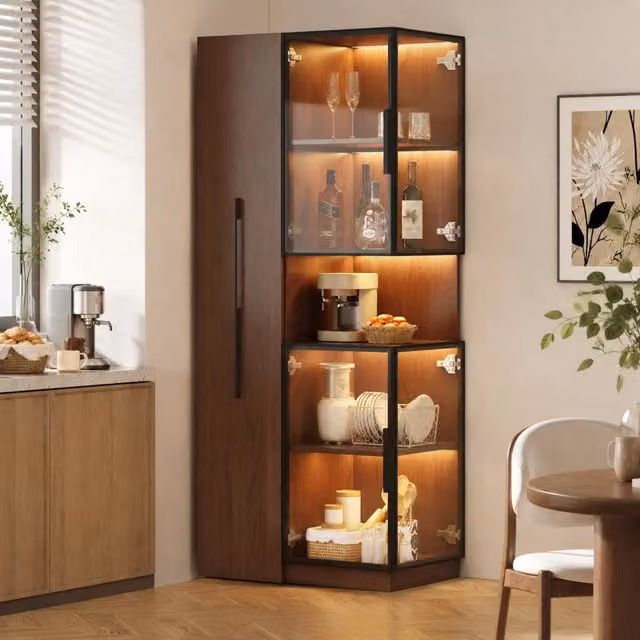 Vetrina in MDF e vetro 70x38x160 cm con ripiani estraibili e LED; color noce