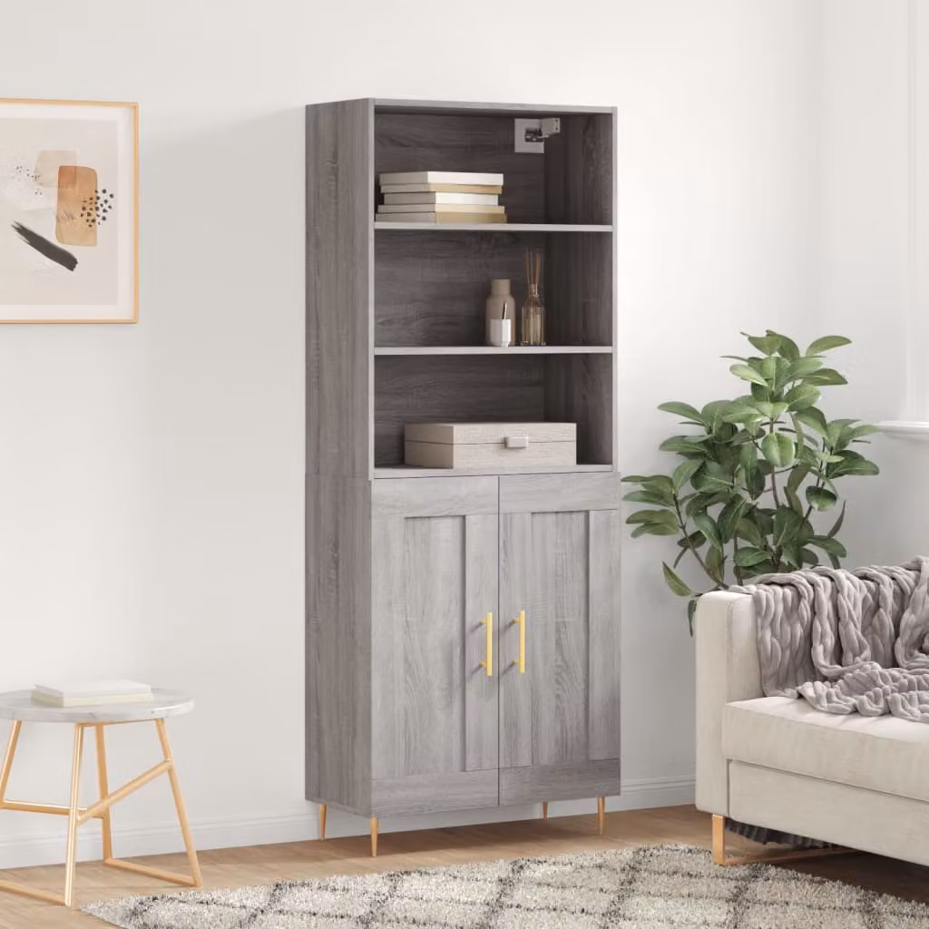 Credenza moderna vidaXL in legno multistrato e metallo, colore Grigio Sonoma, L: 69,5 cm, P: 34 cm, H: 180 cm