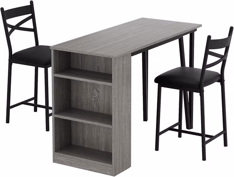 Set da bar con tavolino e 2 sgabelli - 3 pezzi - Estendibile - Altezza da bar - Ripiani - Sgabelli imbottiti - Grigio