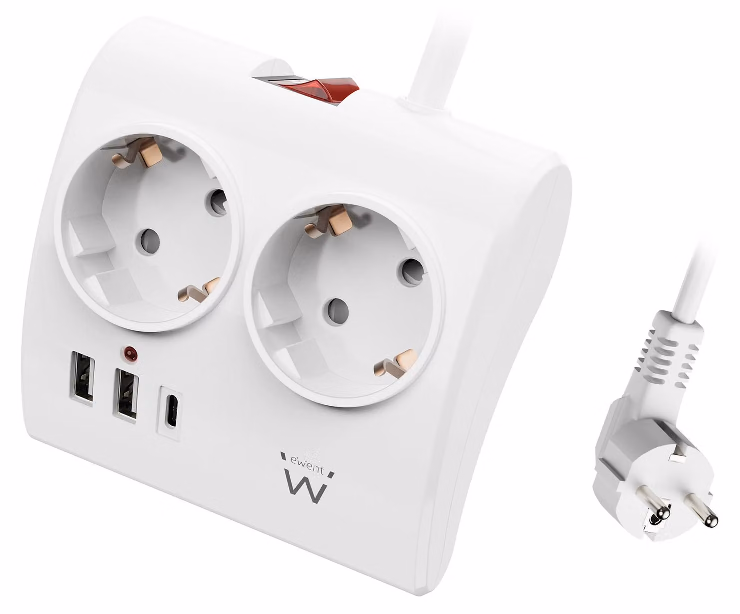 Ewent Multi-Plug de Desktop con 2 prese Schuko e 2 porte USB-A e 1 USB-C, interruttore On/Off, 3680 W, protezione da sovraccarico, spina Schuko da 16 A e cavo de