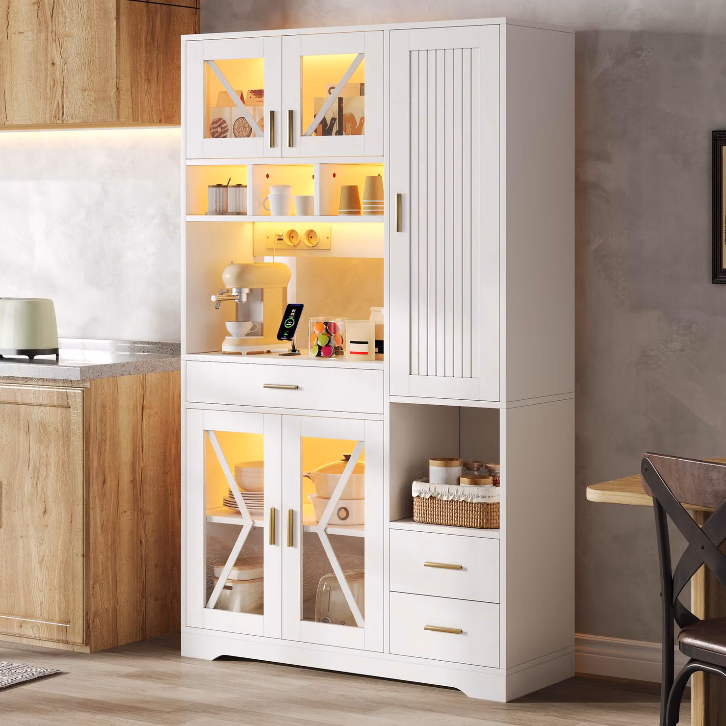 Mobile da cucina Flieks con illuminazione a LED e prese elettriche, vetrina con ripiani regolabili, mobile alto 105x40x185 cm, bianco