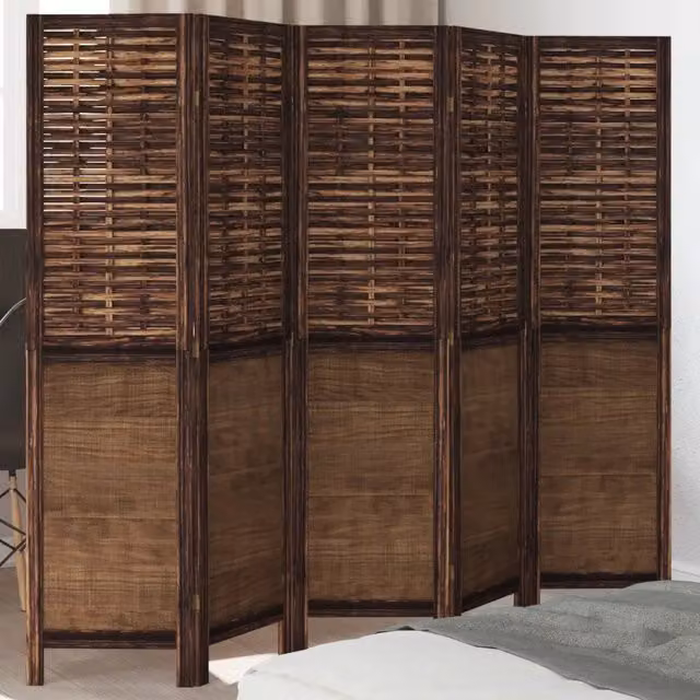 Paravento Divisorio per Ambienti con 5 Pannelli in Legno di Paulownia e Metallo, Design Geometrico, Marrone, H 180 cm x L 160 cm