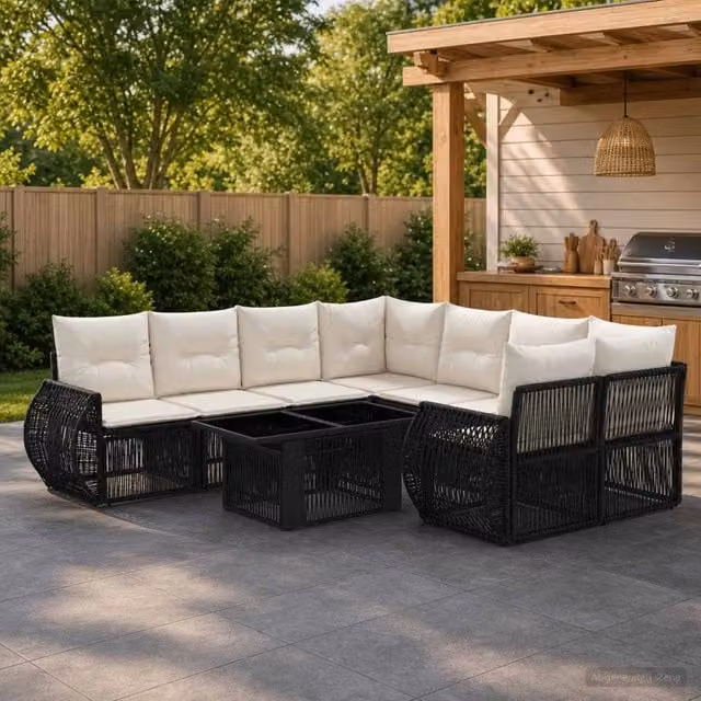 Set Divano da Giardino 9 pz Nero e Bianco Crema polyrattan 3436915