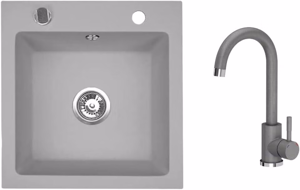 VBChome Lavello in granito 50 x 48 cm Grigio con rubinetteria Vasca singola Lavello da incasso Maculato Lavello di facile manutenzione con sifone Ideale per cucine piccole