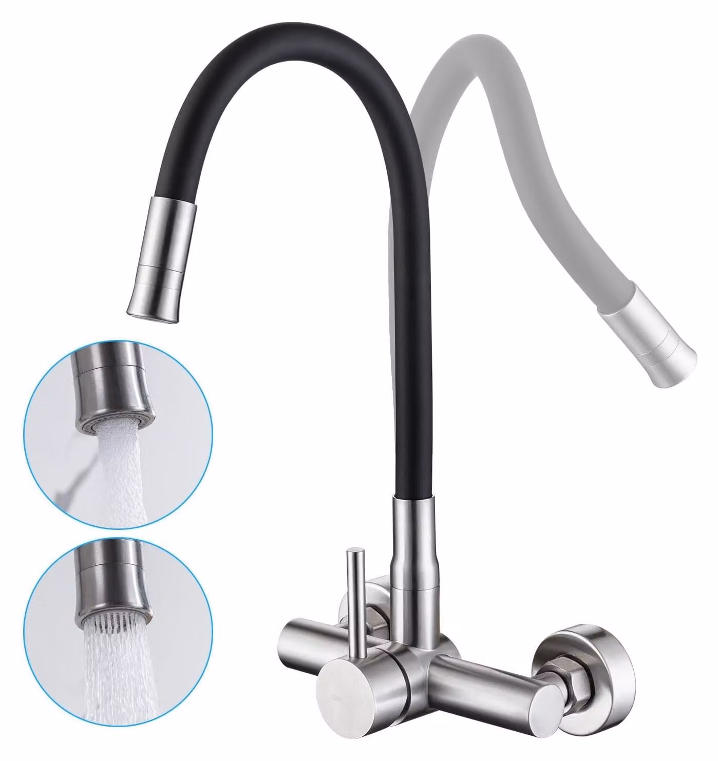 Rubinetto da cucina a parete con beccuccio flessibile e 2 getti d'acqua