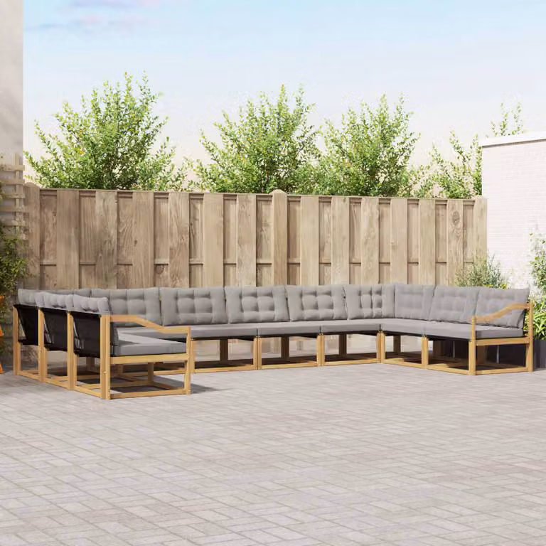 vidaXL Set di divani da esterno a forma di L in legno di acacia, 10 pezzi, Bianco, Grigio e Marrone