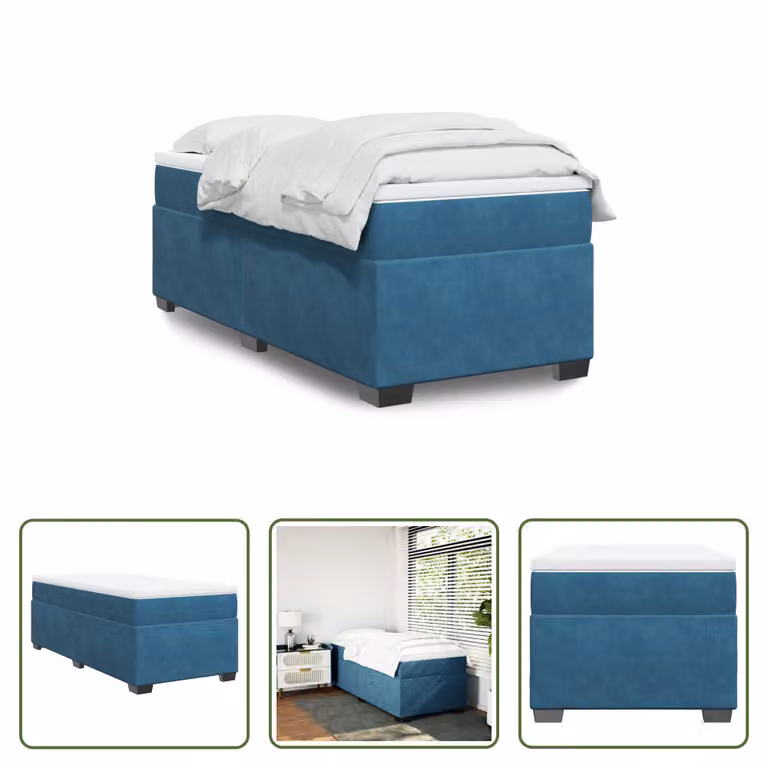 The Living Store Letto a molle con materasso blu scuro 100x200 cm in velluto