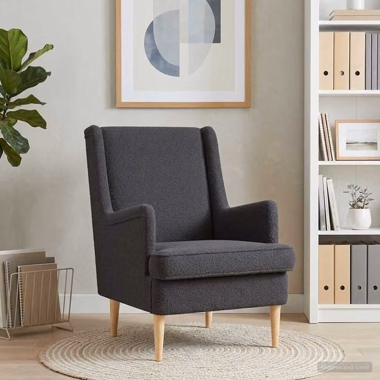 Poltrona moderna vidaXL in tessuto bouclé grigio con braccioli e struttura in legno e metallo L: 79 cm, P: 62 cm, H: 90 cm