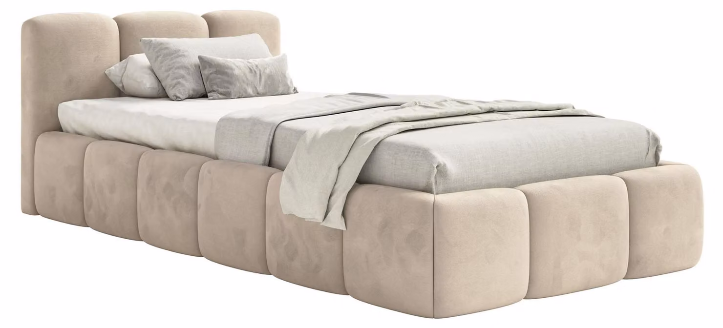 Selsey Cloudy Low – Letto imbottito 90x200 cm, contenitore e rete a doghe, velluto beige chiaro