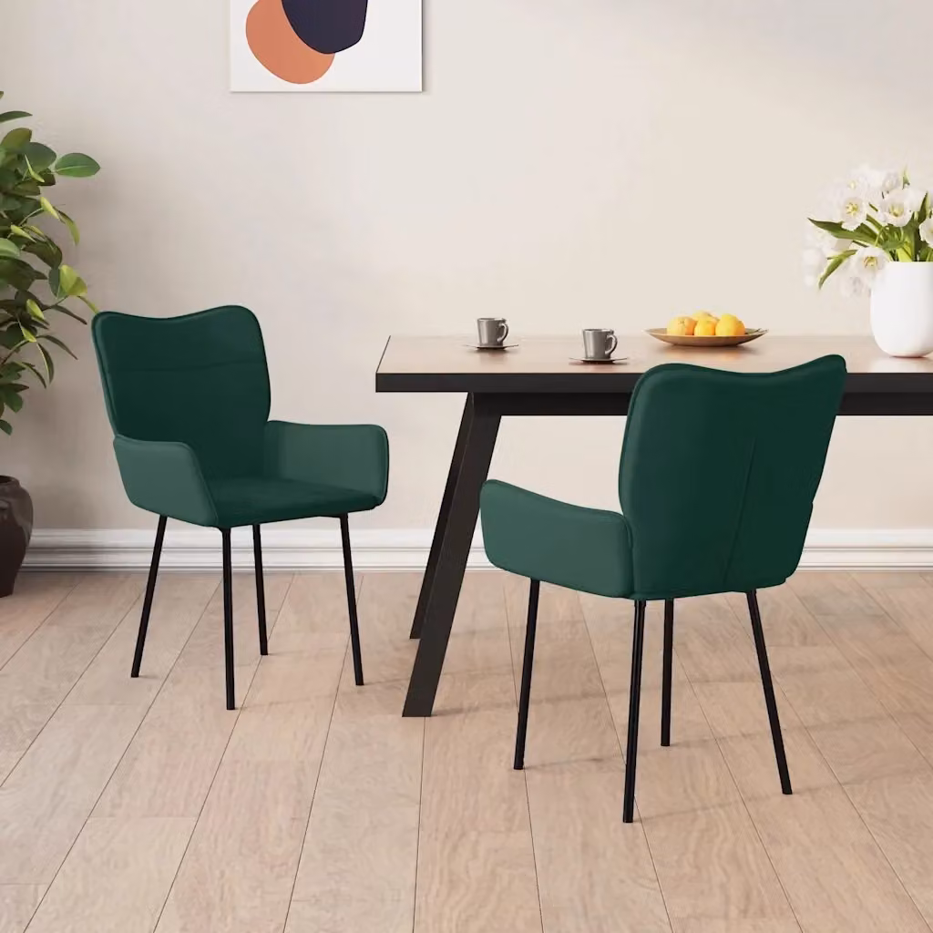 Set di 2 sedie da pranzo e cucina in velluto verde con braccioli e struttura in metallo, Design In, L: 58.5 cm, P: 55 cm, H: 81.5 cm – 2