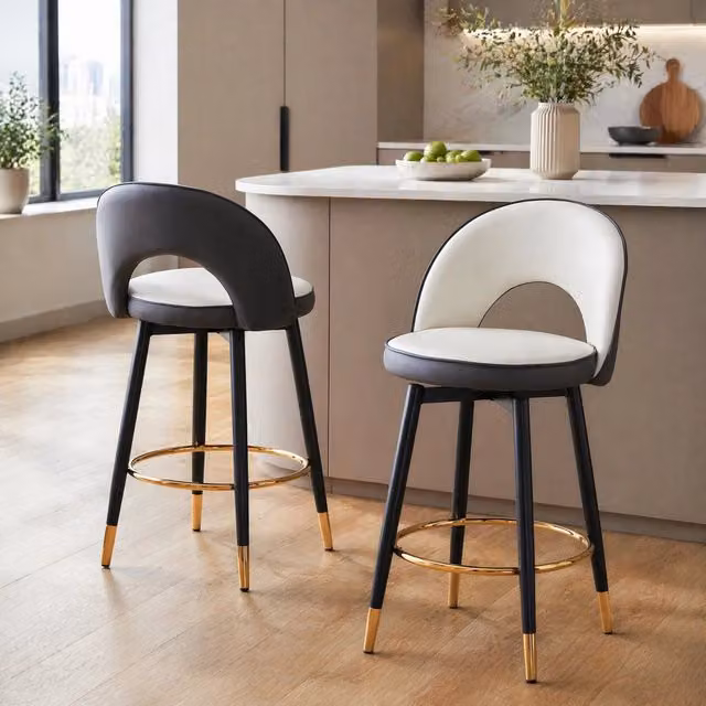 Sgabello alto girevole 360 gradi REDOM in ecopelle e metallo, seduta bicolore grigio scuro e bianco con dettagli oro