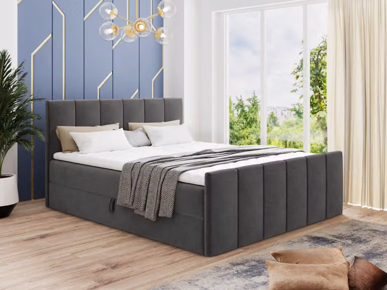 Letto boxspring Star Lux con pediera, 2 cassetti e coprimaterasso - Letto matrimoniale con coprimaterasso, materasso Bonell, letto imbottito, letto (grigio scuro (Kronos 22), 180 x 200 cm)