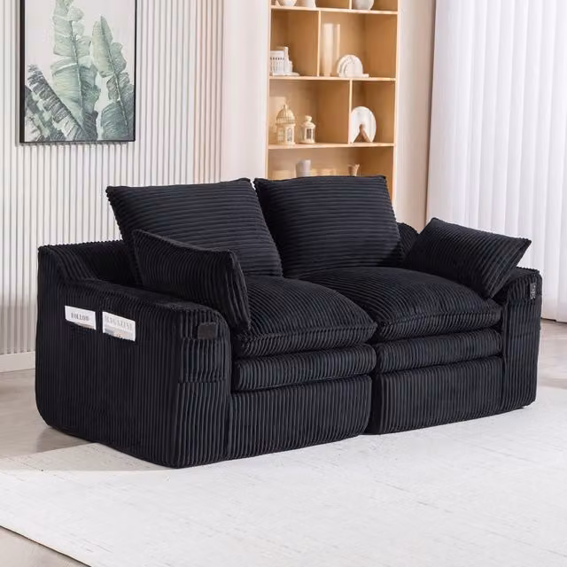 Divano 2 Posti in Tessuto ¨C MINIMAL ¨C Nero, Cuscini, Braccioli