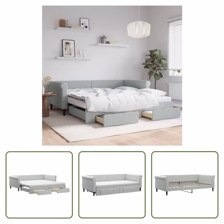 The Living Store Letto da giorno allungabile con cassetti grigio chiaro 100x200 cm in velluto