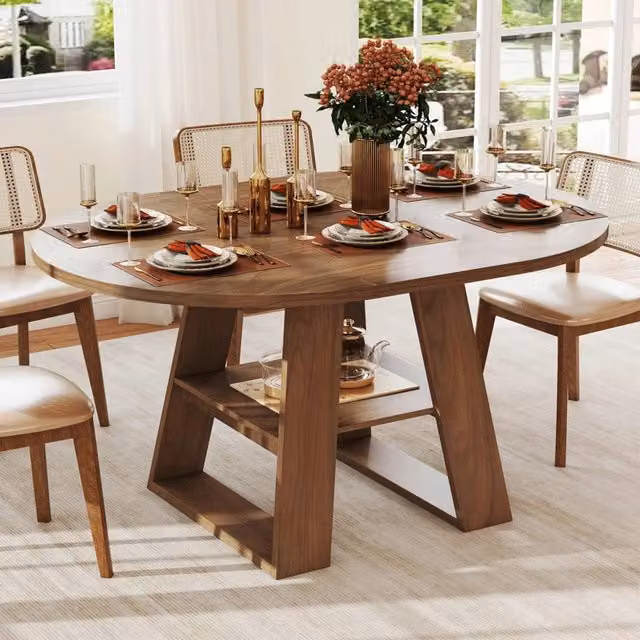 Desviae Tavolo da pranzo allungabile rotondo in MDF color noce con vano per prolunga e ripiano integrato per 4–6 persone